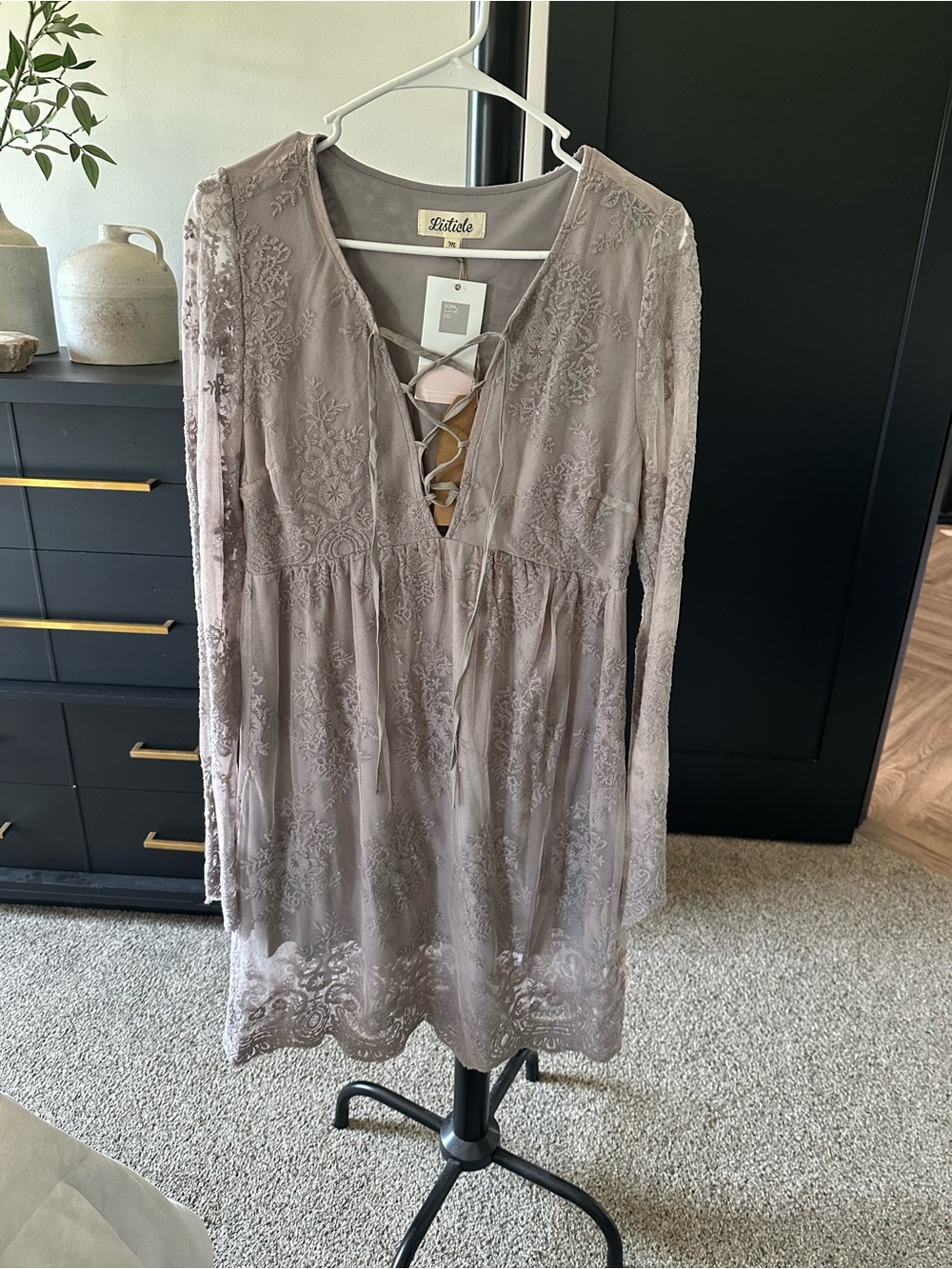Listicle Taupe Lace-Up Embroidered Long-Sleeve Dress